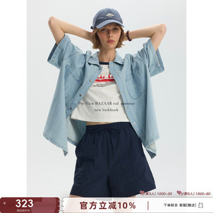 襯衫 BAZAAR 牛仔翻領寬松短袖 簡約巴恩風設計感休閑經典 RED美式