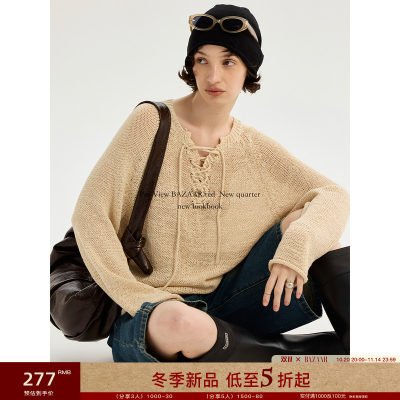 BAZAAR RED芭莎红法式经典复古镂空绑带宽松休闲针织长袖T恤女