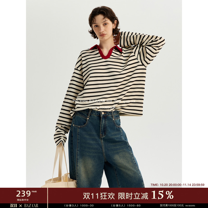 BAZAAR RED芭莎红 法式复古条纹撞色polo领慵懒感宽松长袖T恤女