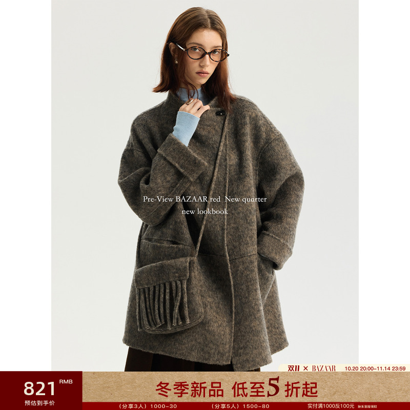 BAZAAR RED 芭莎红 翻领双面呢羊毛大衣女中长款秋冬宽松毛呢外套