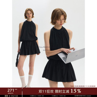 BAZAAR 简约高级黑色miu风甜辣挂脖立体褶皱系带蓬蓬裙女 RED时尚