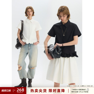 短袖 老钱风纯色宽松翻领荷叶花边下摆衬衫 女 RED简约时尚 BAZAAR
