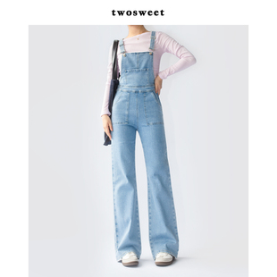 twosweet盐系减龄浅色复古宽松直筒牛仔背带裤 子女 清新显活力长裤