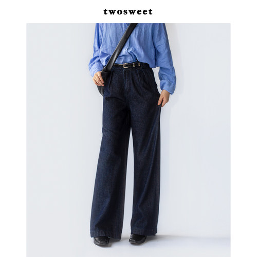 twosweet秋冬重磅复古原色牛仔裤