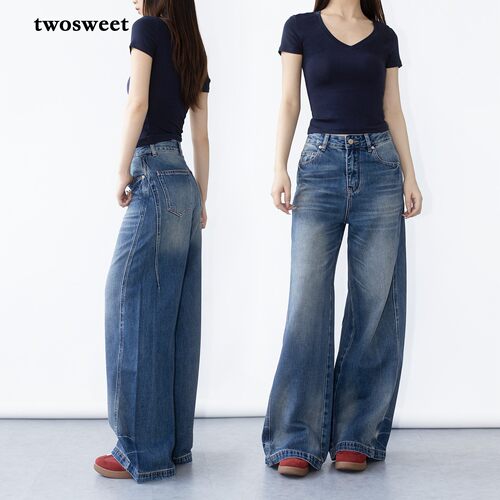 twosweet慵懒感baggy jeans莱赛尔垂感阔腿牛仔裤女宽松复古长裤