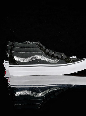 Sk8-Mid Reissue SF黑色中帮蛇纹饰条翻毛皮拼接帆布鞋板鞋男女鞋