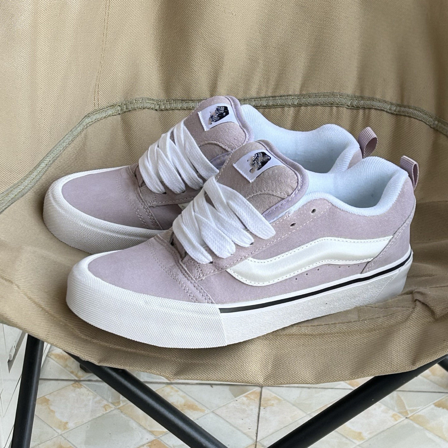 Knu Skool 浅粉香芋紫厚鞋舌面包鞋低帮鹿皮帆布拼接板鞋男女鞋