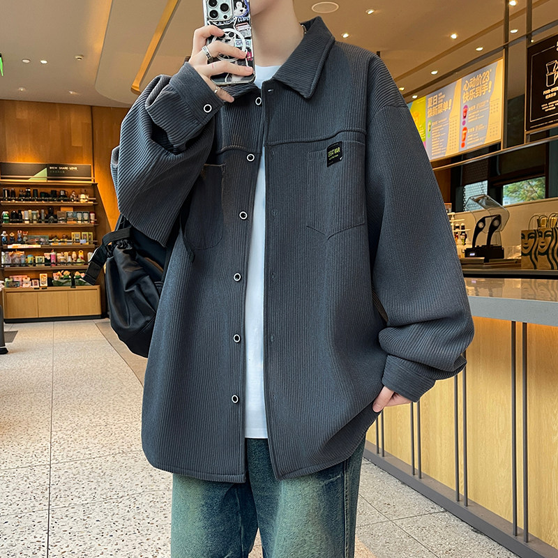 男士灯芯绒休闲百搭青年帅气翻领长袖衬衫学生男友复古港风夹克衫