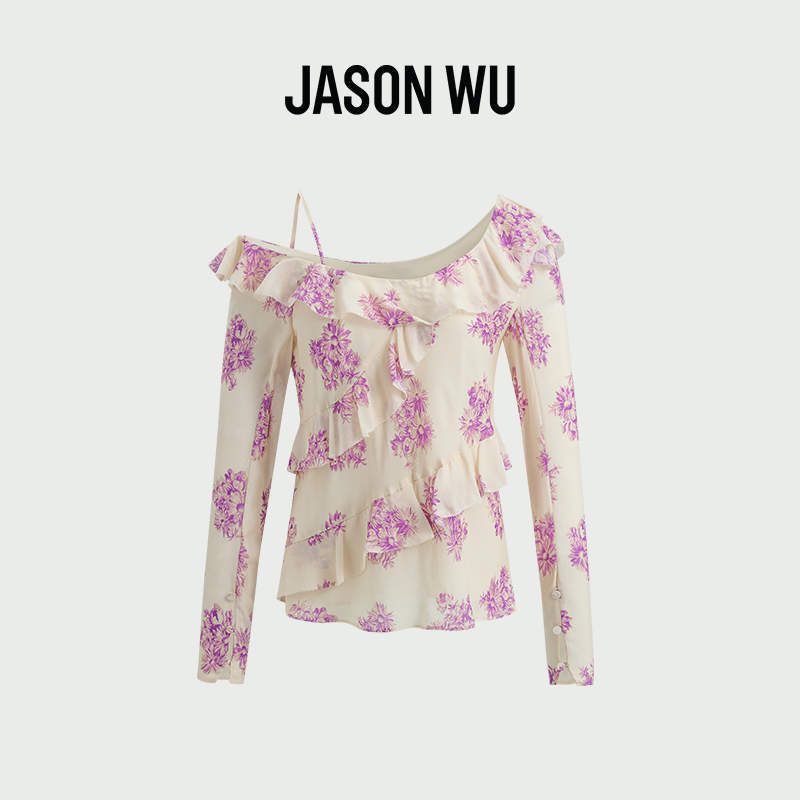 JASON WU 秋季新款印花荷叶边不对称新中式真丝通勤上衣女