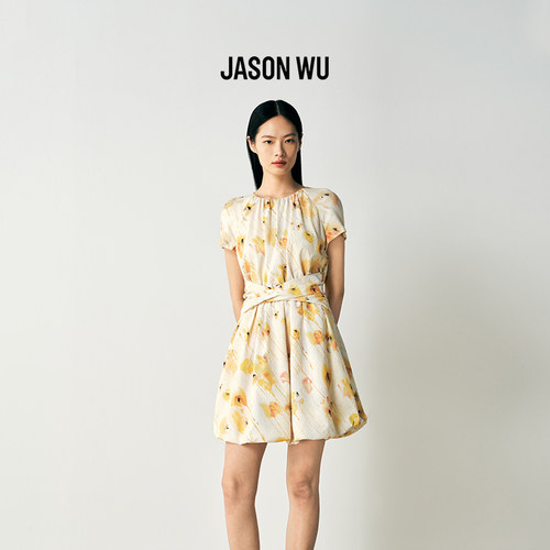 JASON WU 2026年春季新款印花花苞裙女士短袖圆领气质收腰连衣裙