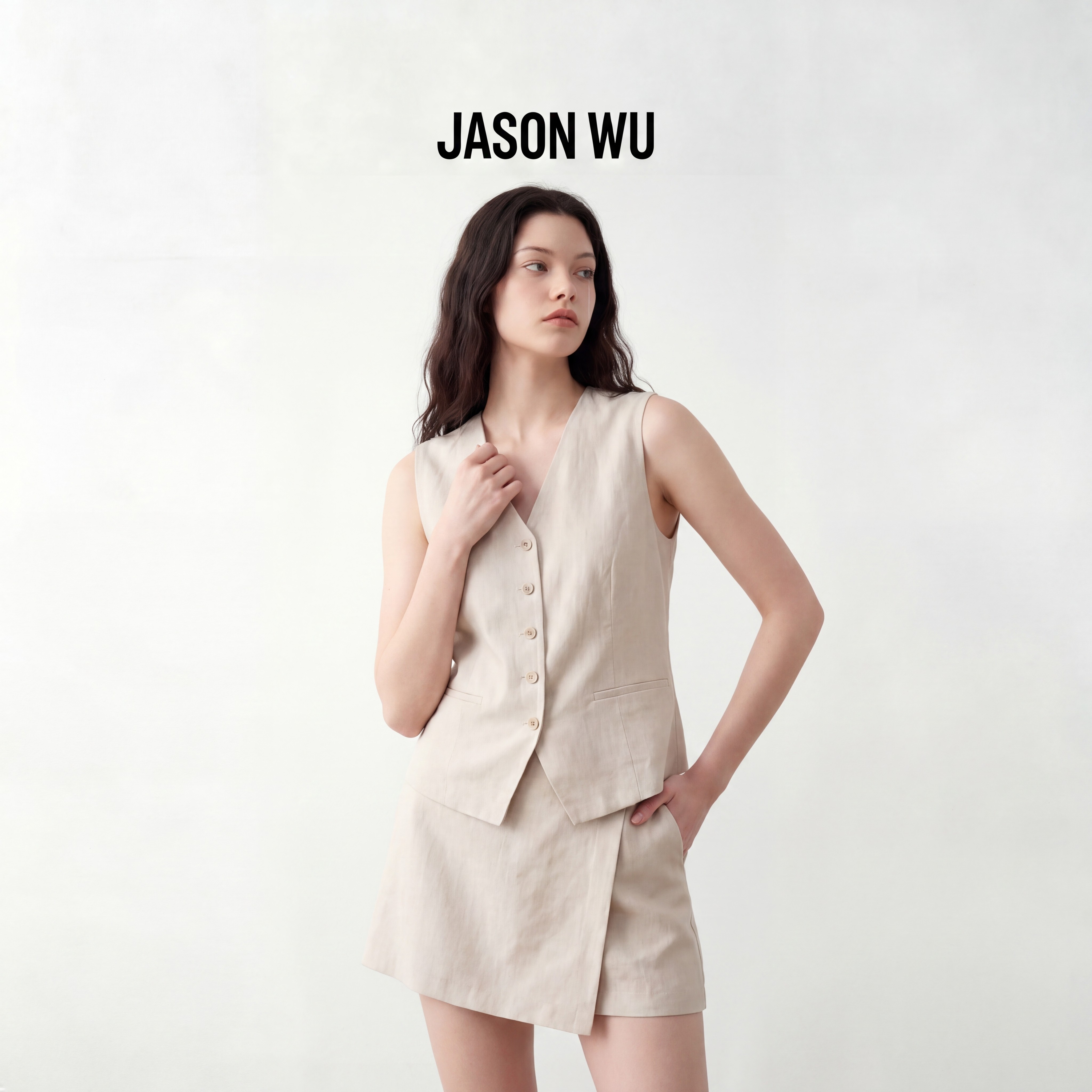 JASON WU-J系列100%汉麻松弛西装马甲坎肩背心无袖上衣女夏季新款