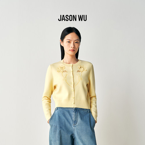 JASON WU2026年春季新款刺绣圆领开衫女士长袖绣花修身毛针织衫