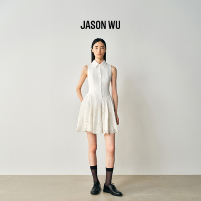 JASON WU2026年夏季新款镂空刺绣衬衫连衣裙白色亚麻无袖A字裙