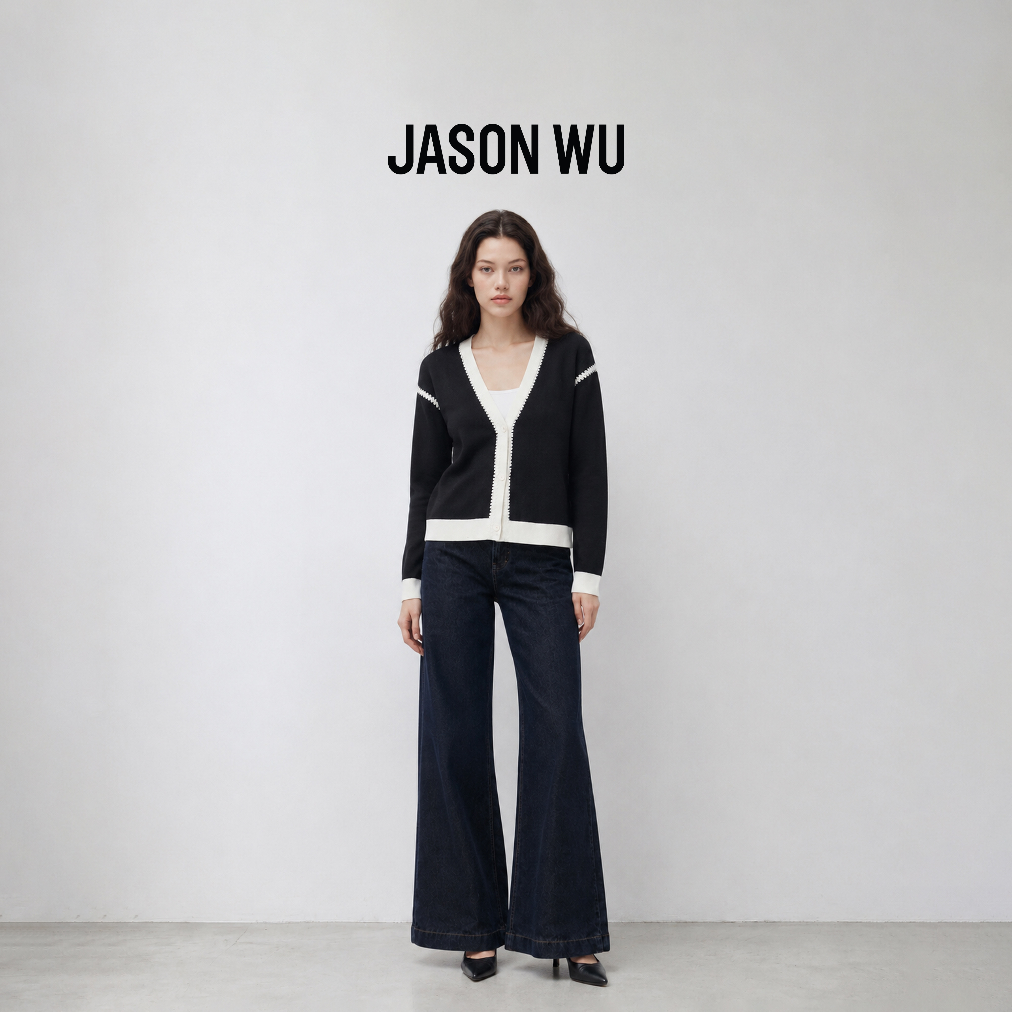 JASON WU-J系列绵羊毛混纺经典黑白撞色长袖针织衫上衣外套女秋季