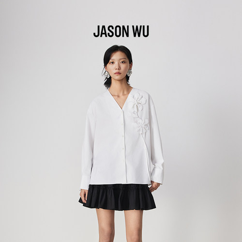 【盘花系列】JASON WU春夏新款鸢尾花V领百搭上衣落肩袖衬衫女