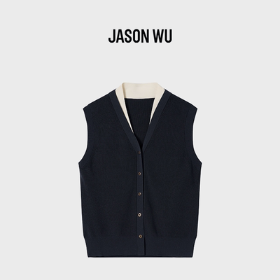 JASON WU-J系列时尚休闲拼接撞色设计V领针织马甲背心坎肩春新款