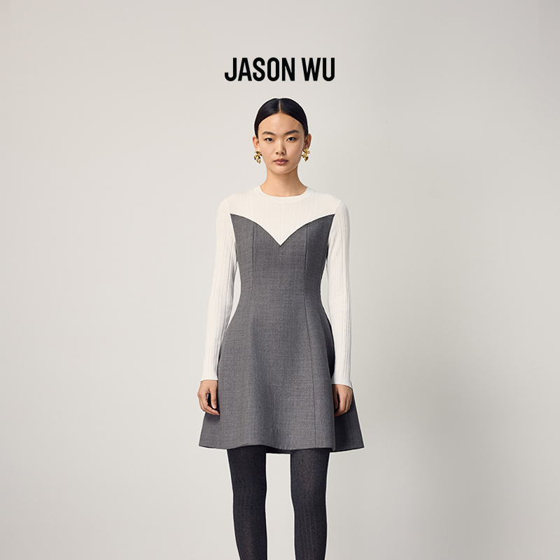 【莱赛尔】JASON WU25秋季新款格雷系通勤百搭针梭收腰拼接连衣裙