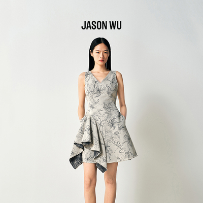JASON WU 2026年春季牛仔连衣裙气质修身V领无袖提花中长款裙子