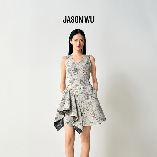 JASON WU 2026年春季牛仔连衣裙气质修身V领无袖提花中长款裙子