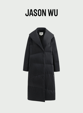 JASON WU 秋冬新款浴袍领缎面长款羽绒服黑色时尚百搭外套上衣