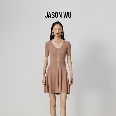 JASON WU 25新款简约通勤U领收腰修身短袖针织连衣裙气质裙子