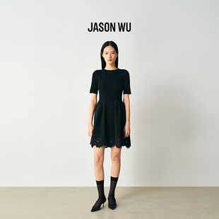 JASON WU2026年春季新款针梭拼镂空花边连衣裙女士针织圆领A字裙