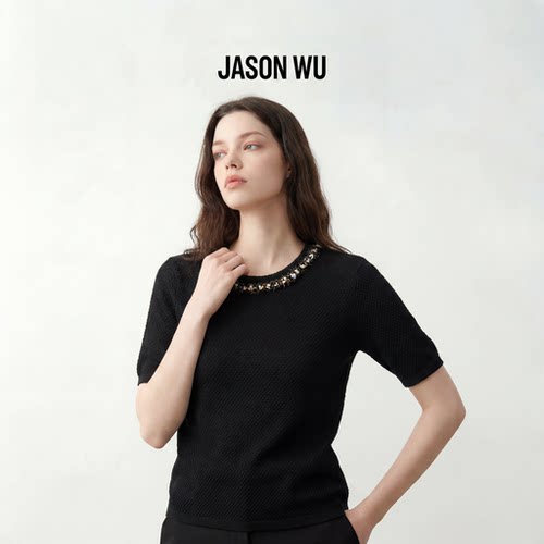 JASON WU-J系列莱赛尔天丝贝壳钉珠短袖T恤
