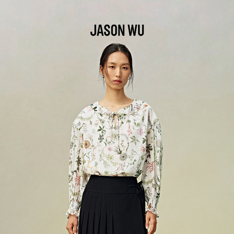 JASON WU 秋季新款100%桑蚕丝印花荷叶领新中式上衣衬衣衬衫