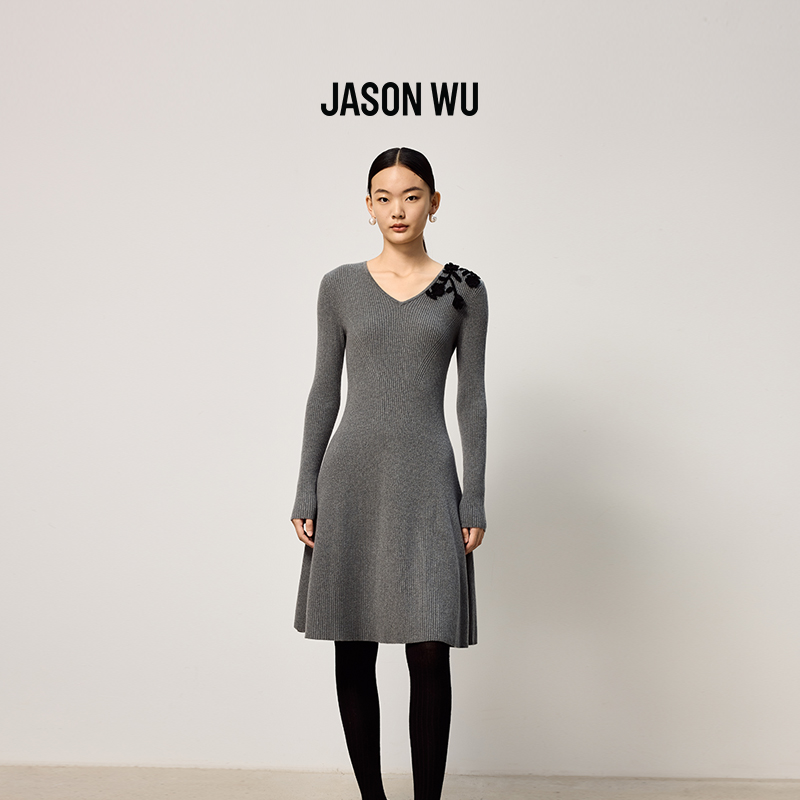【绵羊毛】JASON WU2025秋冬新款V领收腰设计感手钩花连衣裙裙子