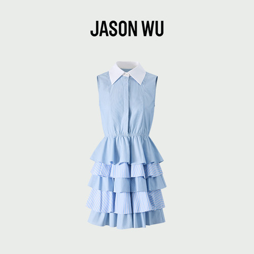 JASON WU2026年夏季新款撞色衬衫领条纹蛋糕裙女士无袖连衣裙