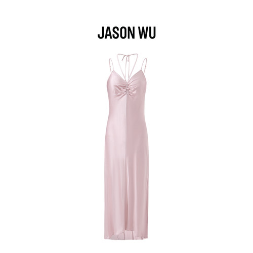 【礼服裙】JASON WU25新款色丁挂脖吊带抽褶斜裁连衣裙长裙子
