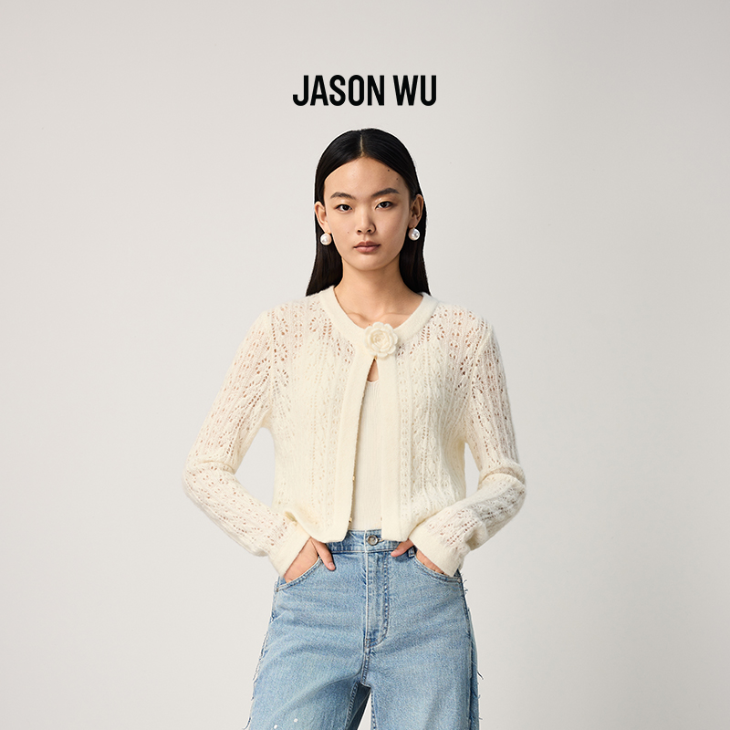 【绵羊毛】JASON WU2025秋冬新款时尚镂空立体花朵开衫针织衫小衫