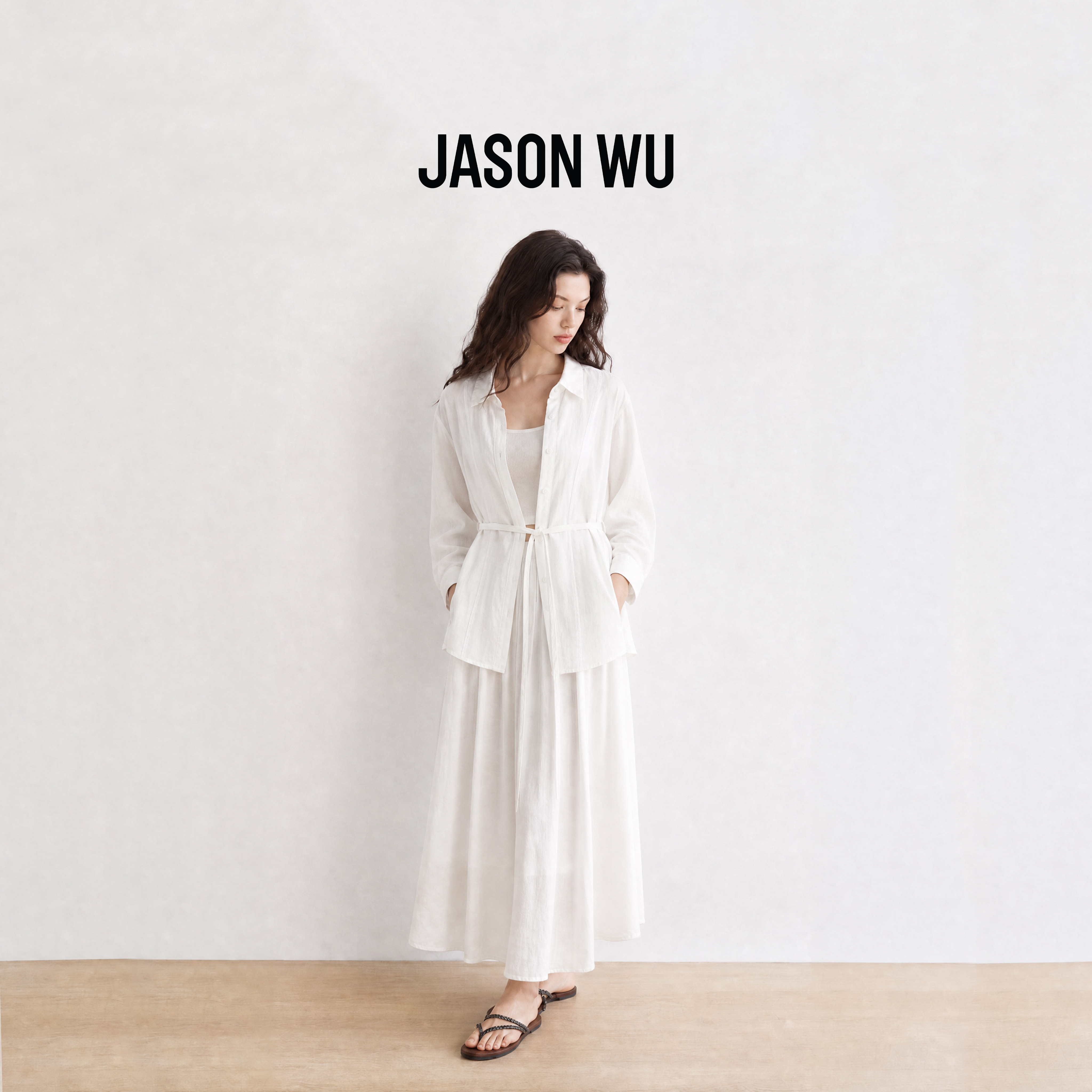 JASON WU-J系列100%汉麻时尚典雅系带长袖薄款衬衫衬衣上衣女早秋