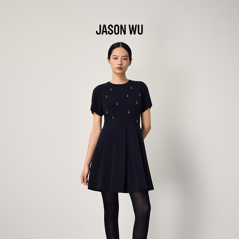 JASON WU2025秋冬新款简约气质通勤百搭钉钻小黑裙修身连衣裙裙子