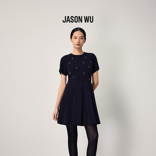 JASON WU新款简约气质通勤百搭钉钻小黑裙修身连衣裙裙子