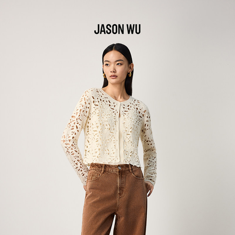 JASON WU商场同款毛织长袖开衫手勾花卉圆领镂空绵羊毛针织衫