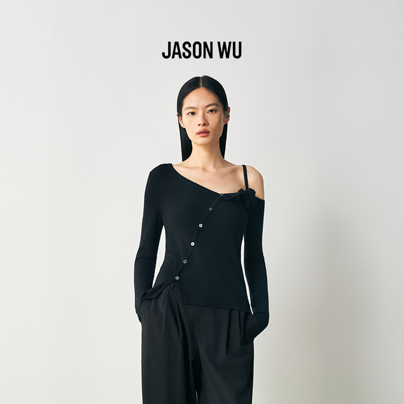 JASON WU2026年春季新款斜门襟盘花针织上衣女士不对称绵羊毛毛衫