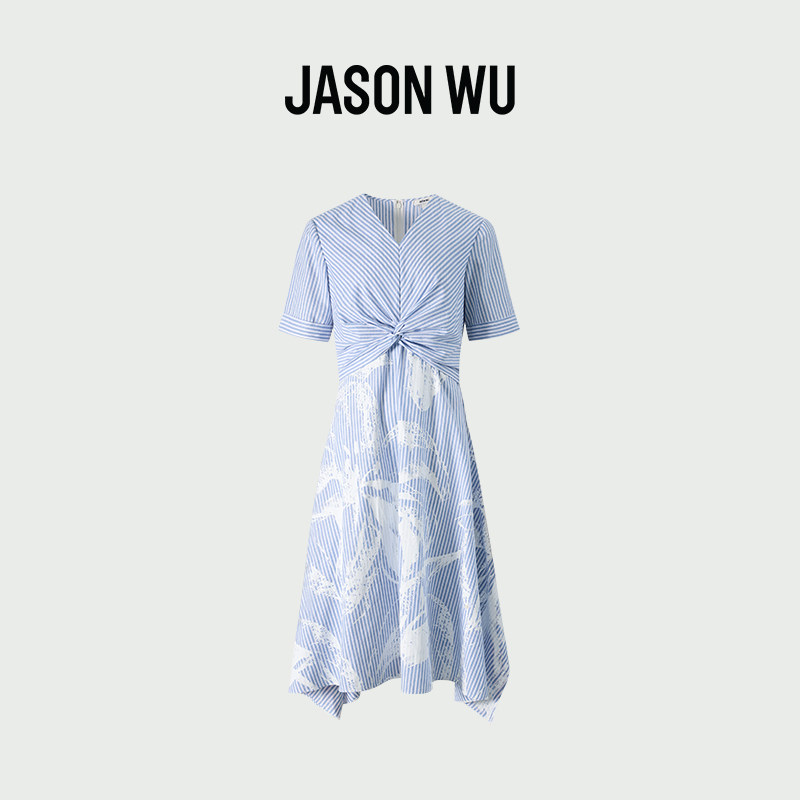 JASON WU2026年夏季新款百合花条纹连衣裙女士V领短袖修身型