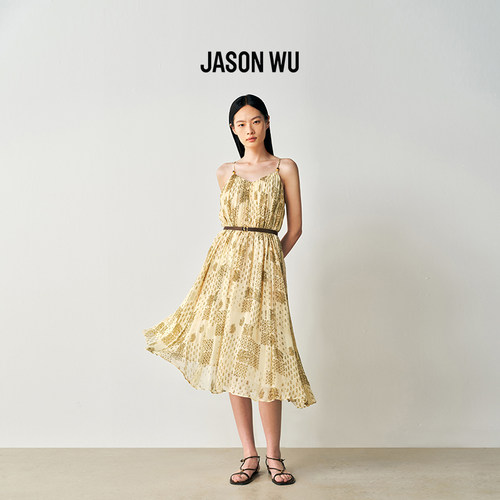 JASON WU夏季V领吊带连衣裙中长款印花图案无袖女士收腰裙子