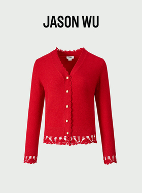 JASON WU2026年新年款V领手钩装饰开衫红色长袖镂空毛针织衫