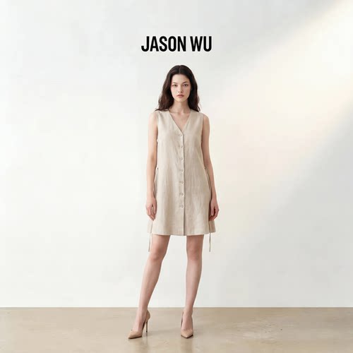 JASON WU-J系列100%汉麻V领系带收腰连衣裙
