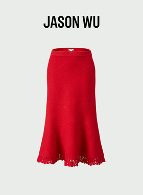 JASON WU2026年新年款手钩装饰鱼尾半裙女士中长款弹力红色半身裙