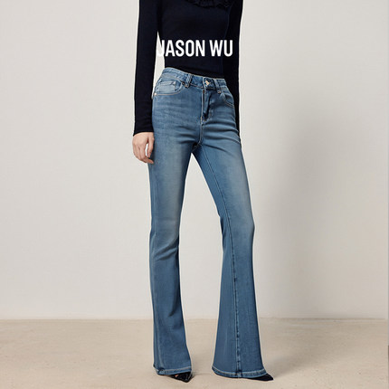 JASON WU2025秋季新款修身时尚休闲复古蓝极简微喇裤牛仔裤裤子女