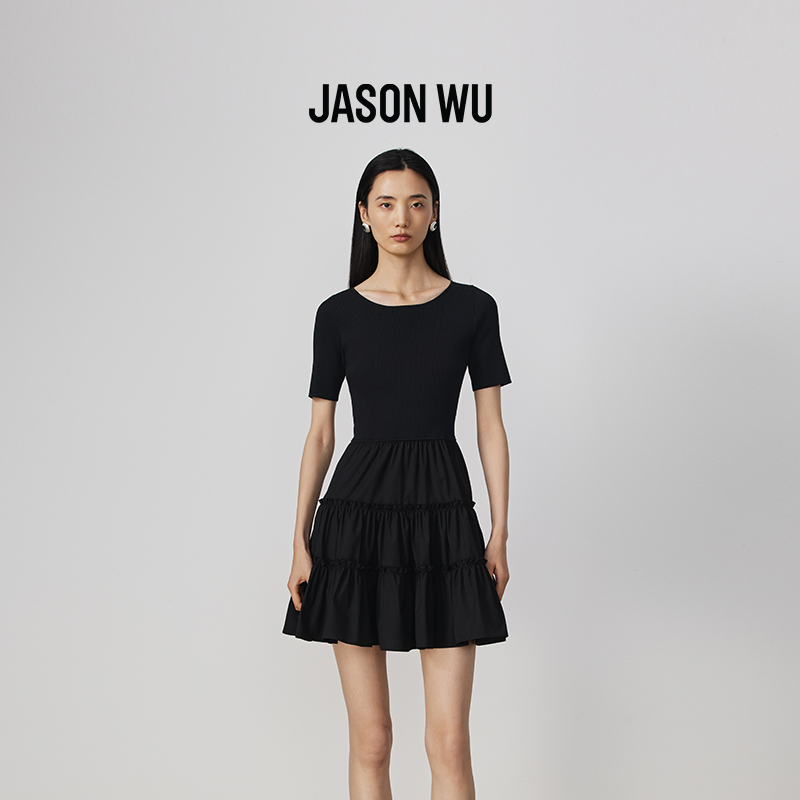 【小黑裙】JASON WU 25夏季新款大U领针梭织拼接修身连衣裙蛋糕裙