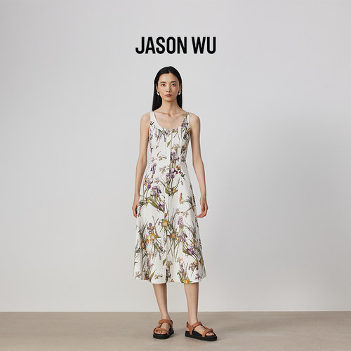 JASON WU 新款棉质鸢尾印花连衣裙度假风花卉长裙无袖吊带裙