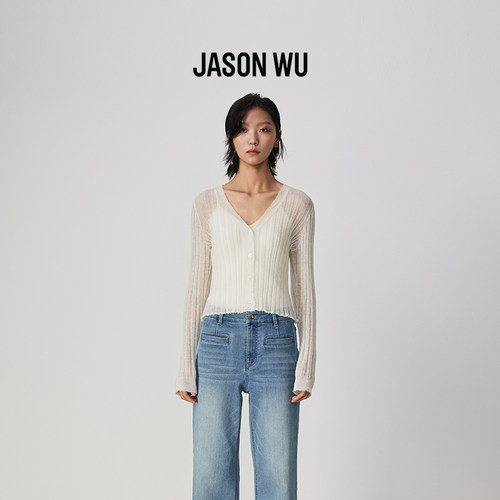 【赵今麦同款】JASON WU 春夏新款V领镂空微透针织开衫轻薄上衣