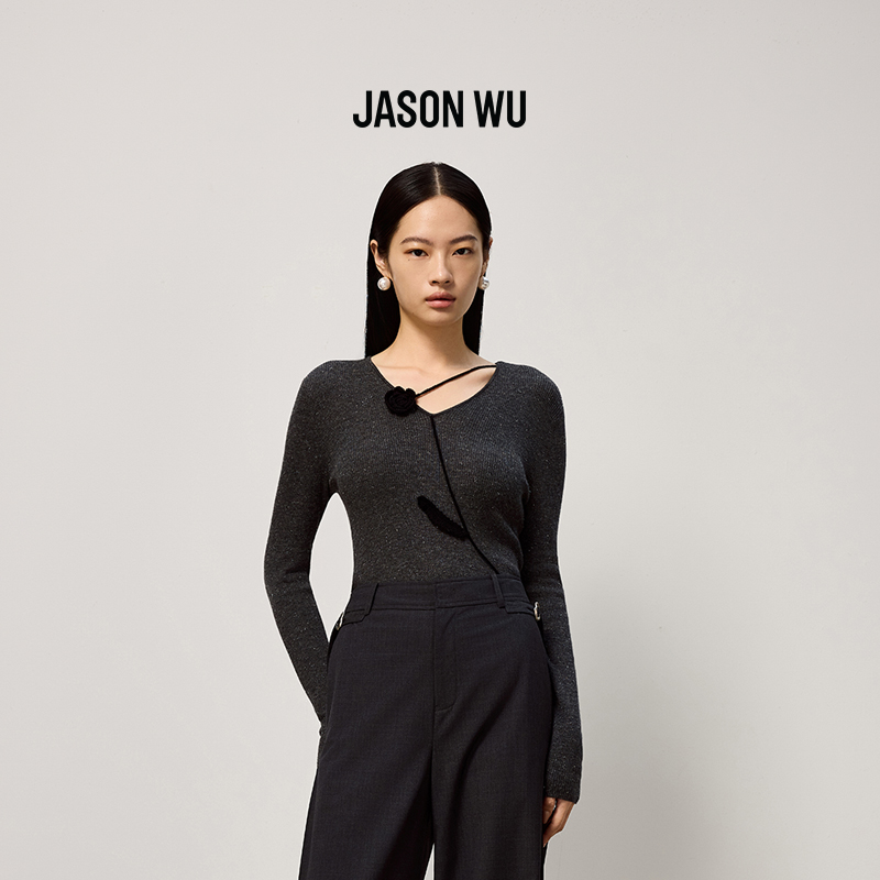 JASON WU2025秋冬新款V领修身简约气质打底手钩花针织衫小衫上衣