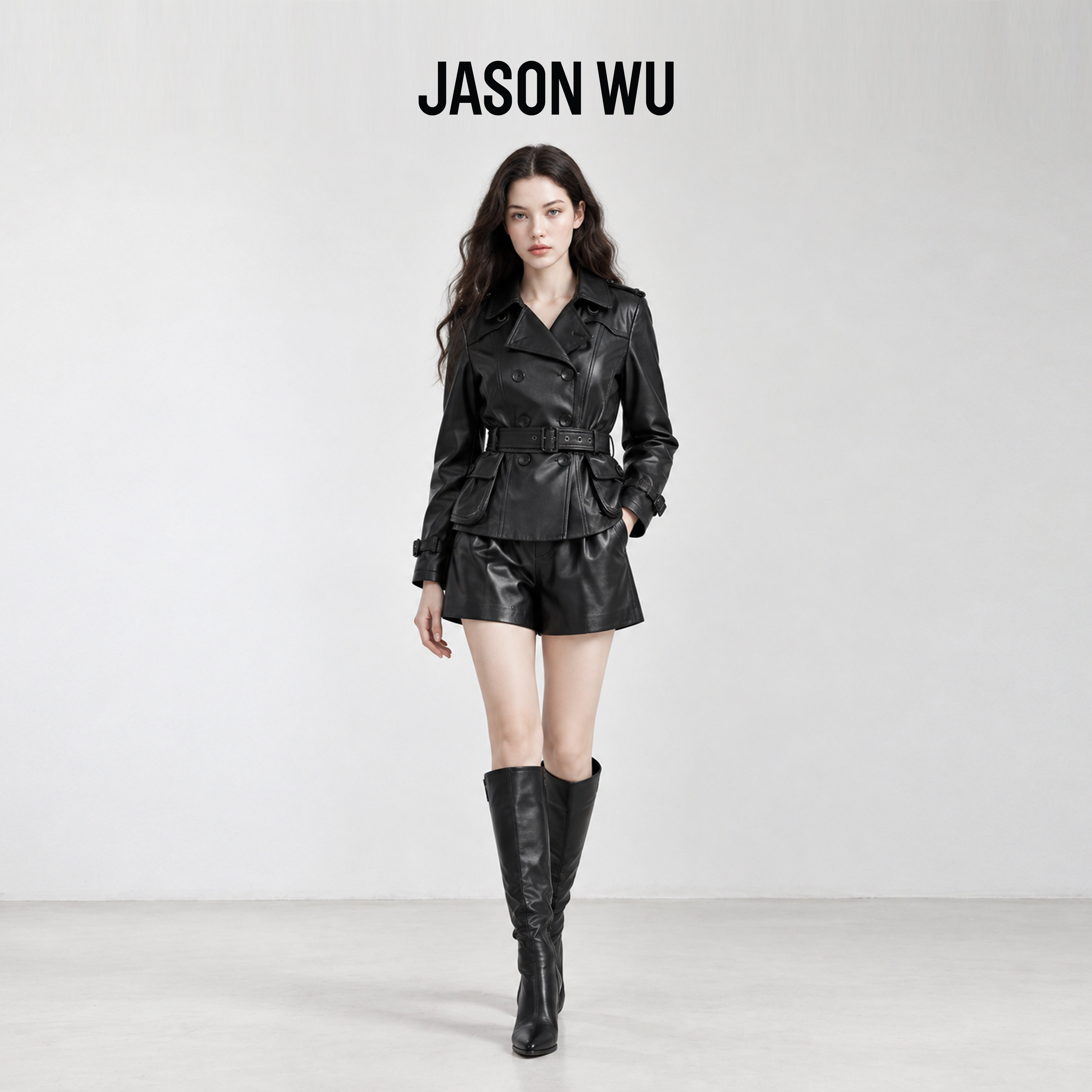 JASON WU-J系列双排扣短款皮质风衣工装复古真皮夹克外套女26秋冬