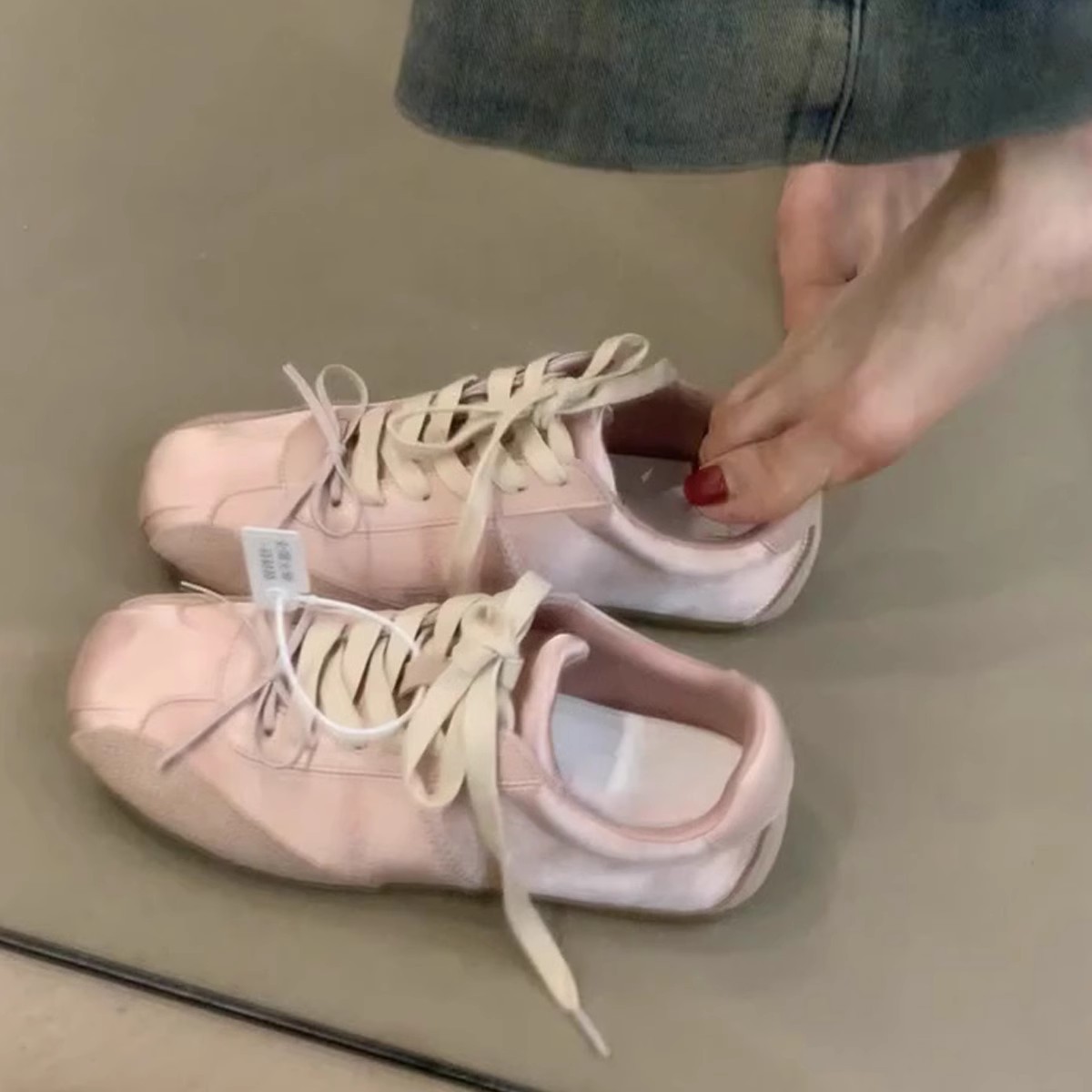 牛皮版~法式少女蝴蝶结德训鞋女系带芭蕾风休闲运动鞋百搭阿甘鞋