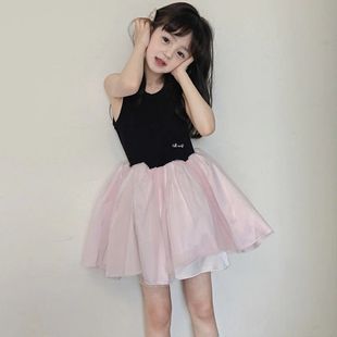 女童連衣裙2025新款 兒童洋氣時(shí)髦拼接網(wǎng)紗裙中大童休閑T恤裙 夏季